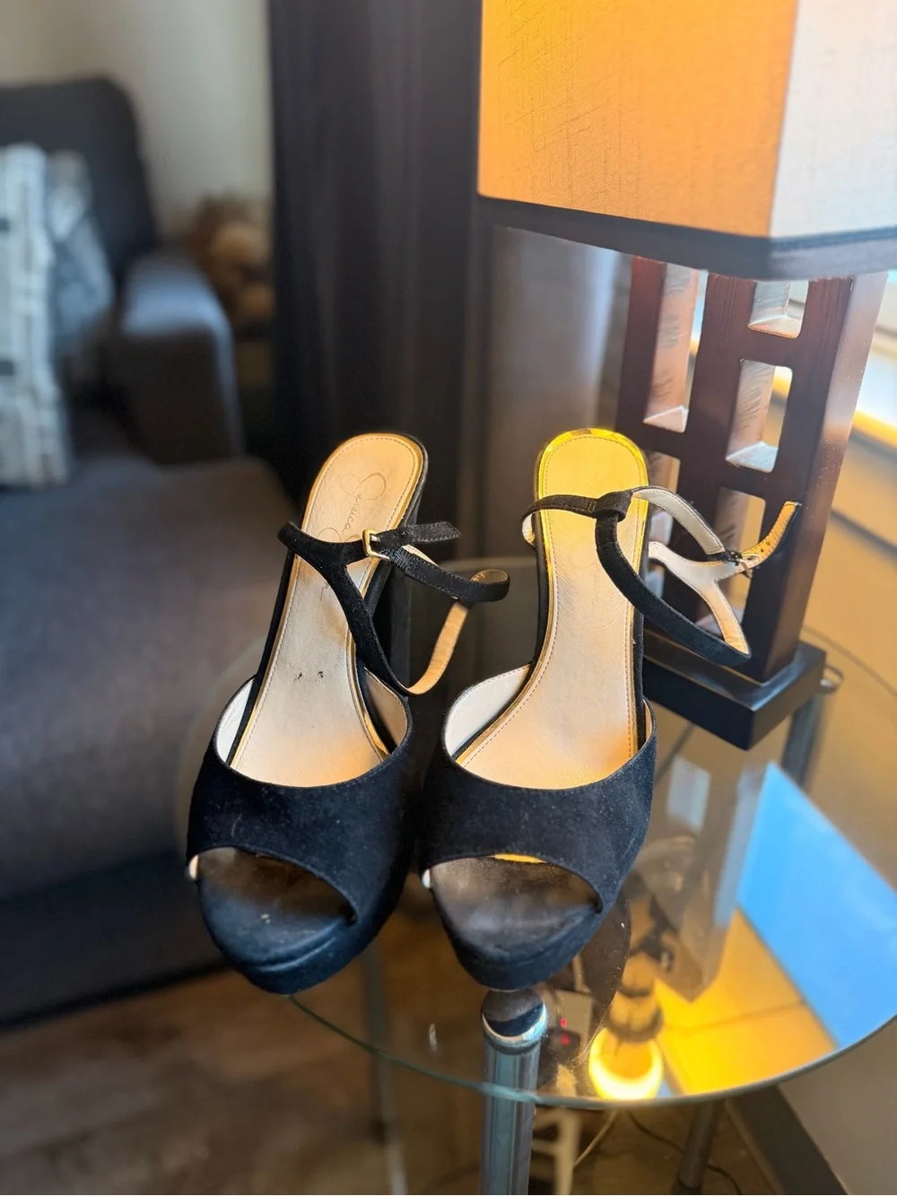 Jessica Simpson Black Suede Open-Toe Ankle-Strap Heels